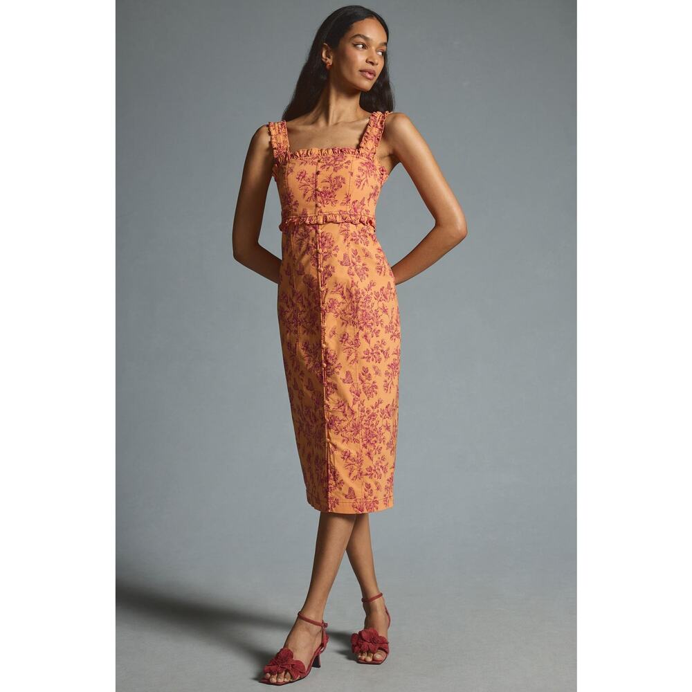 Anthropologie Orange and Red Floral Midi Dress